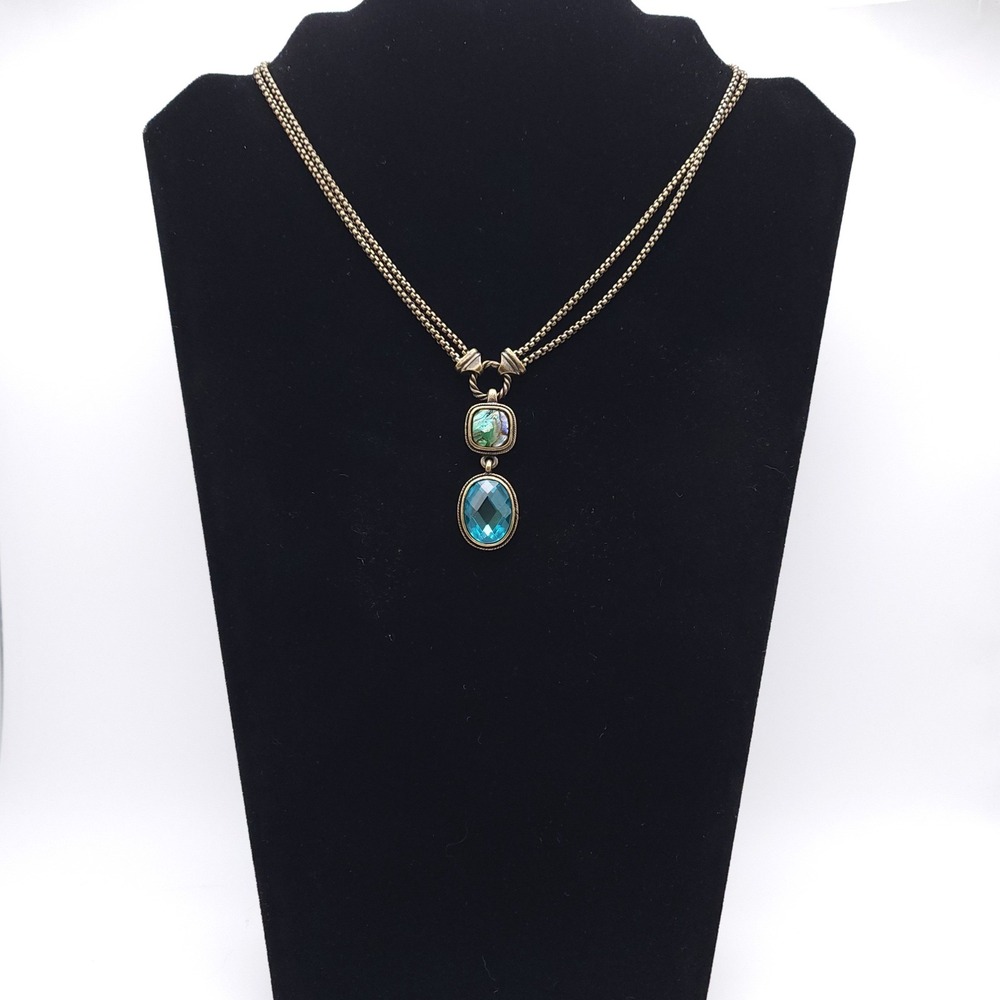 Vintage Bronze Tone Abalone and Blue Crystal Pendant Necklace 16 Inch